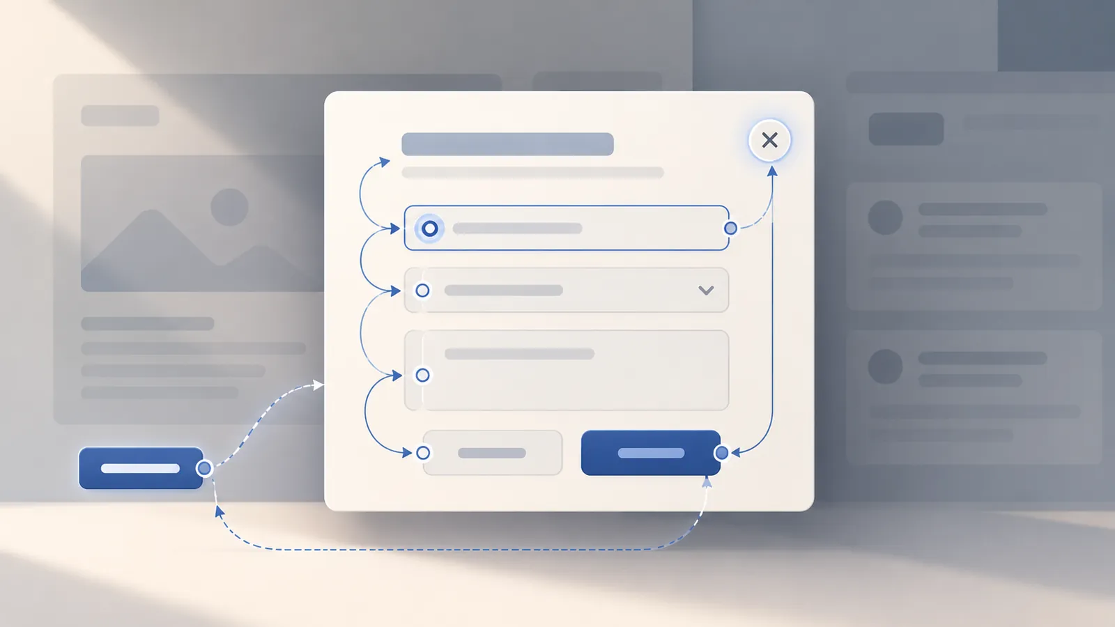 A modal dialog over a dimmed page with arrows indicating keyboard focus movement and return