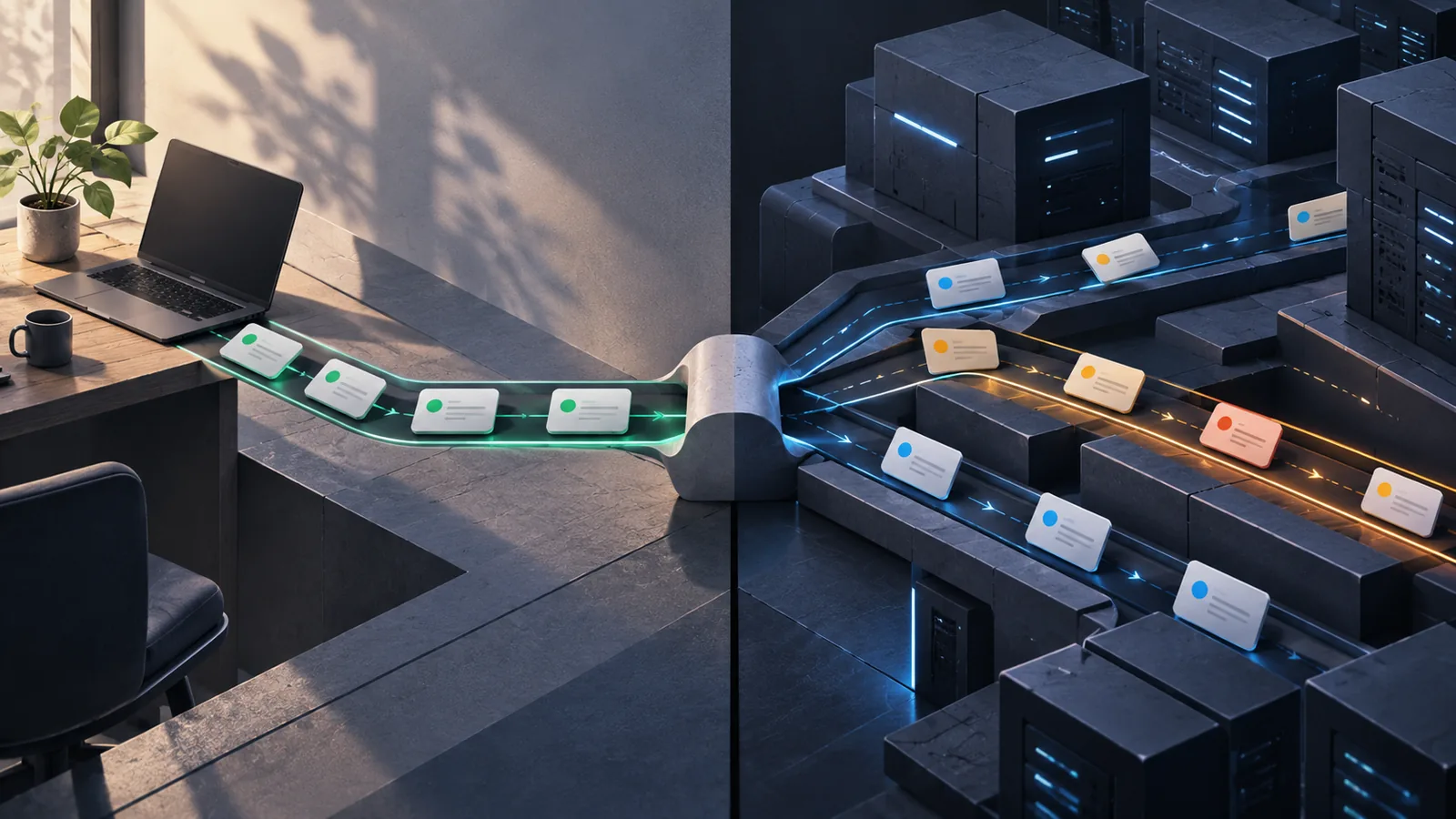 A stable local testing flow branching into competing test outcomes on CI servers